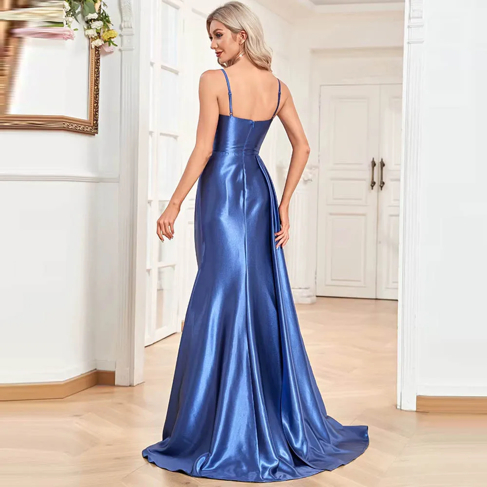 Customized Luxury Satin Mother of Bride Dresses Ruched Side Split Straps Ribbons Backless Long Party Wedding Party Dresses