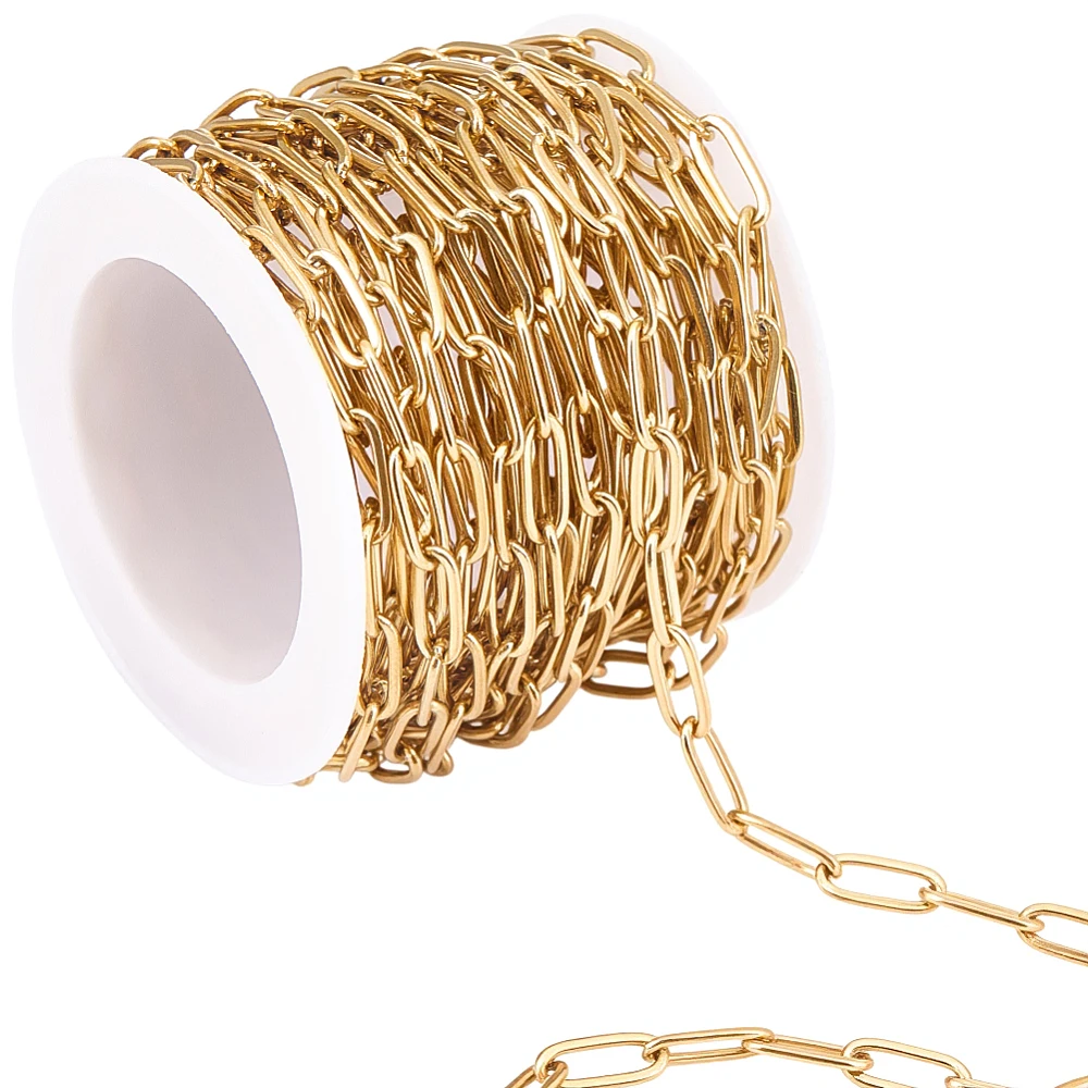 16.4 Feet/5M Gold Plated Paperclip Chains Roll Aluminium 15x8mm Unwelded Oval Link Cable Chains Bulk with Spool for DIY Women