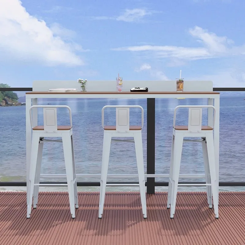Outdoor plastic wood bar table Balcony high-footed narrow table and chair combination Commercial preservative wood open-air bar