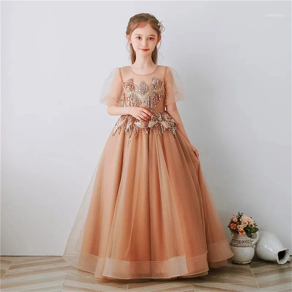 Robe de demoiselle d'honneur en tulle et dentelle, tenue de soirée élégante, à manches courtes, avec impression, pour première communion, cadeau d'anniversaire pour enfants