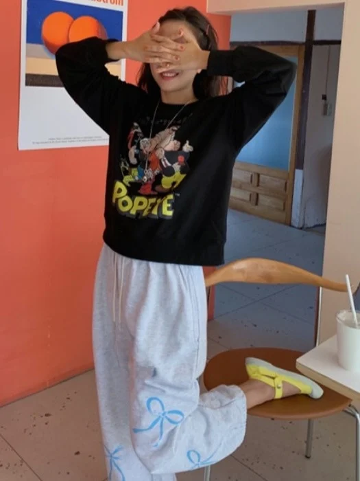 삼색 나비 매듭 프린트 여자 플리스 안감 스포츠 바지 긴 캐주얼 바지 봄 시즌 여성 패션 스트리트 스타일