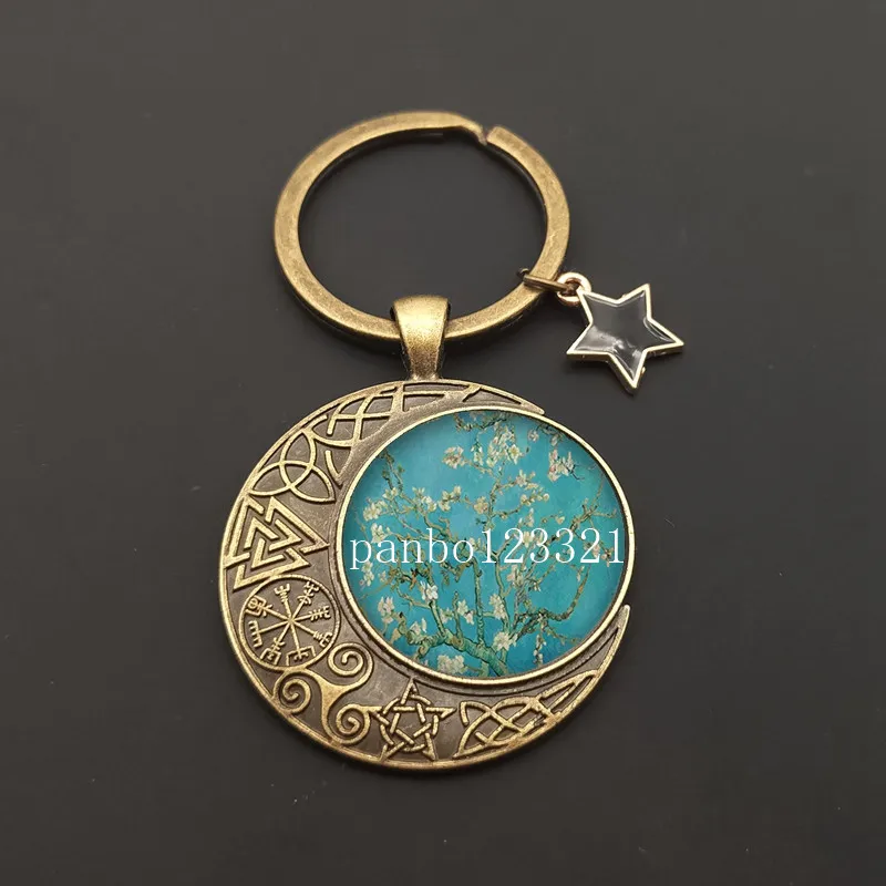 Van Gogh Art Master Oil Painting Keychain Art Glass Cabochon Jewelry Starry Night Sky Sunflower Pendant Ladies Lover Girl Gift