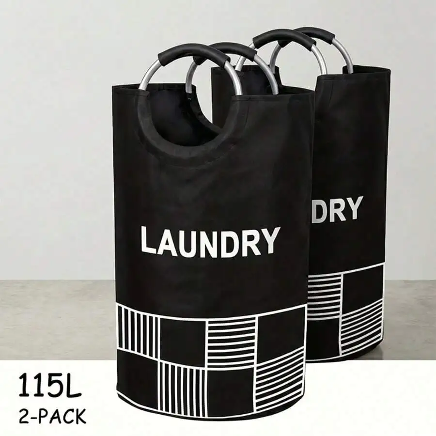 2 Large Foldable Laundry Baskets With Padded Handles; Made Of Waterproof Fabric With A Geometric Pattern; Ideal For Storing Dirt