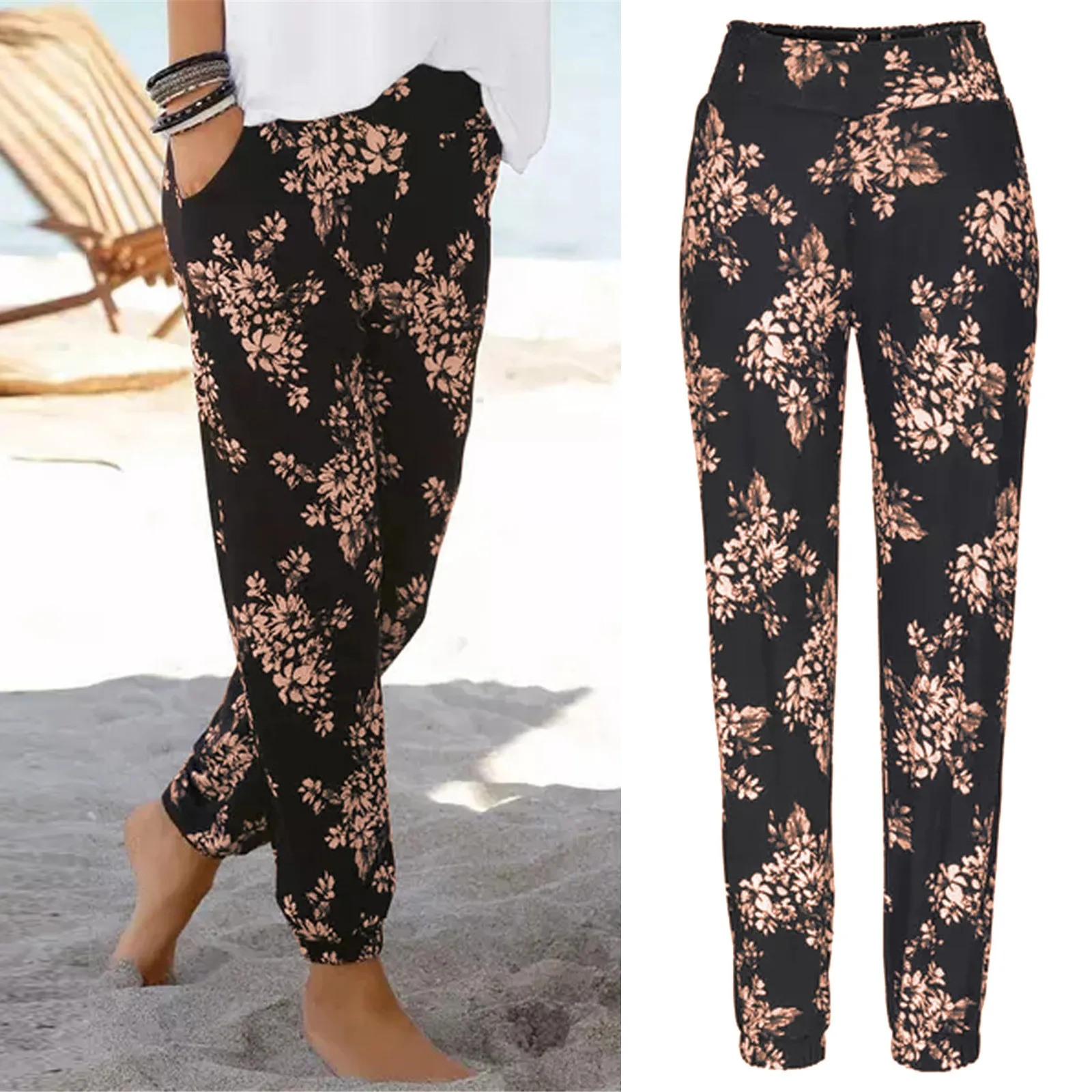 Boho Beach Pants Women High Waist Printing Trousers With Pockets Pantalones Summer Casual Trousers Sweatpants брюки женские