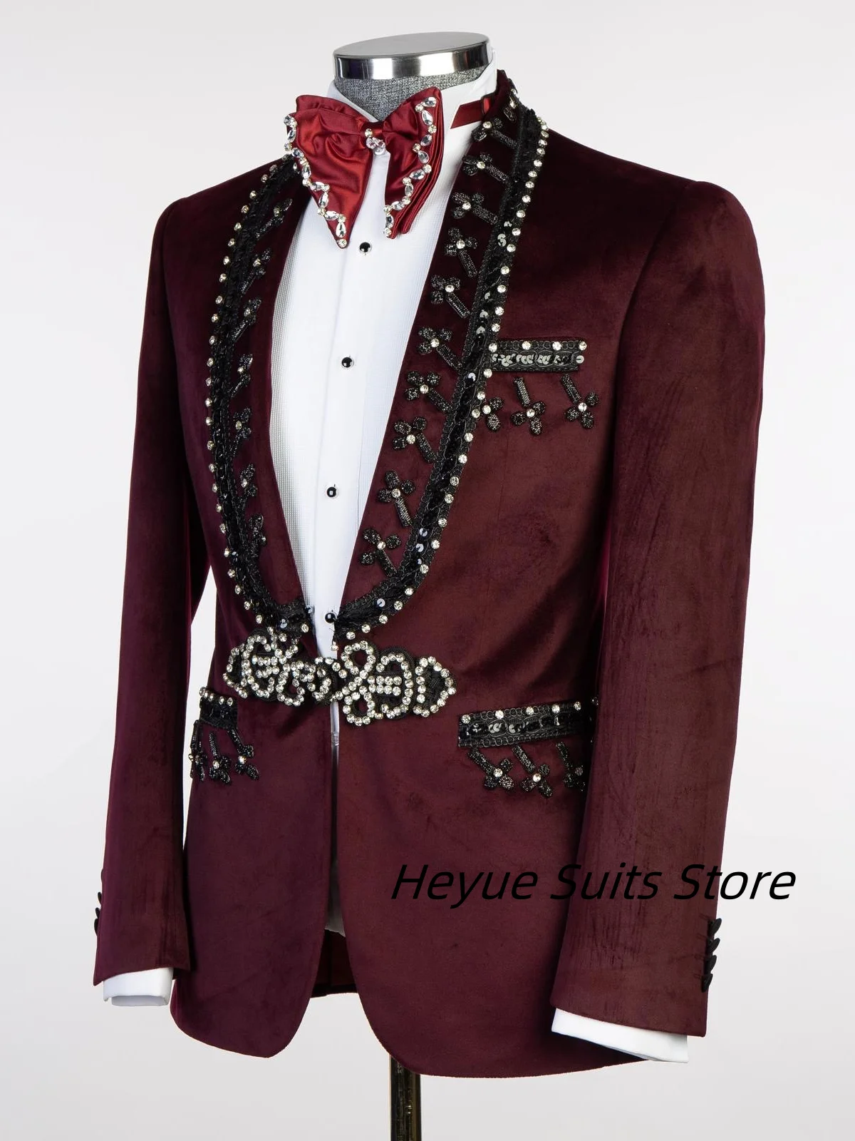 Elegant Velvet Beads Diamond Men Suits Shawl Lapel Groom Tuxedos Wedding 2 Pieces Sets Male Prom Blazers Customized ropa hombre