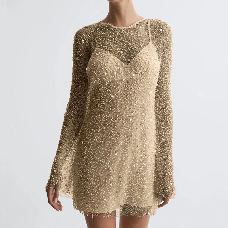 Vrouwen Elegante Splicing Solid Veelzijdige Jurk Chic O-hals Pailletten Holle Jurk Mode Jarretel Party Temperament Mini Jurken
