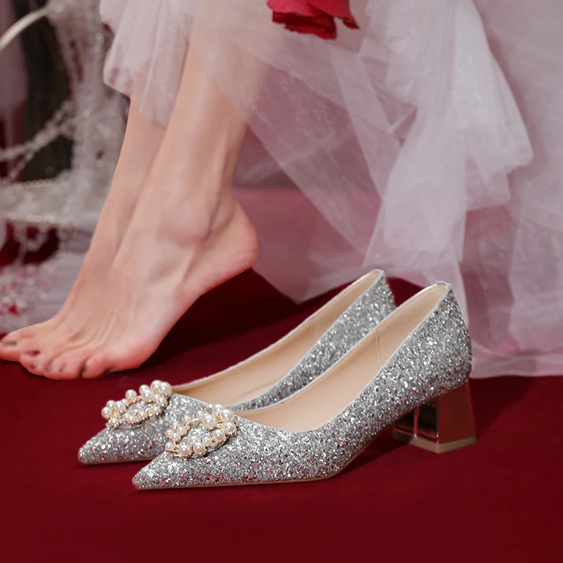 Silver Wedding Shoes Confortable High Grade Glass Slipper French Square High Heels Pearl Buckle Sequin Cloth Bride Dress Pumps