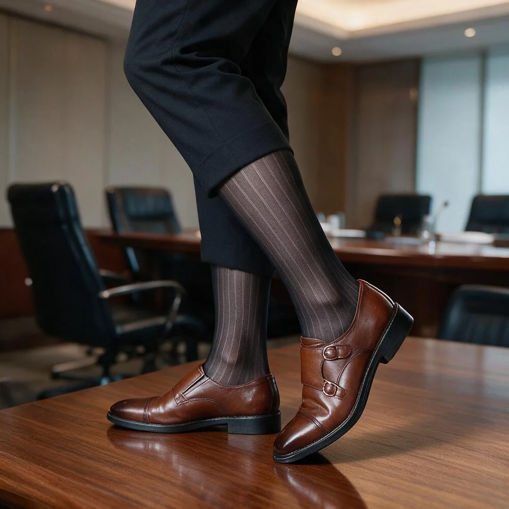 Men's Formal Business Striped Sheer Knee High Socks Over Calf Long Tube Soft Breathable Ribbed Suit Socks Office Dress