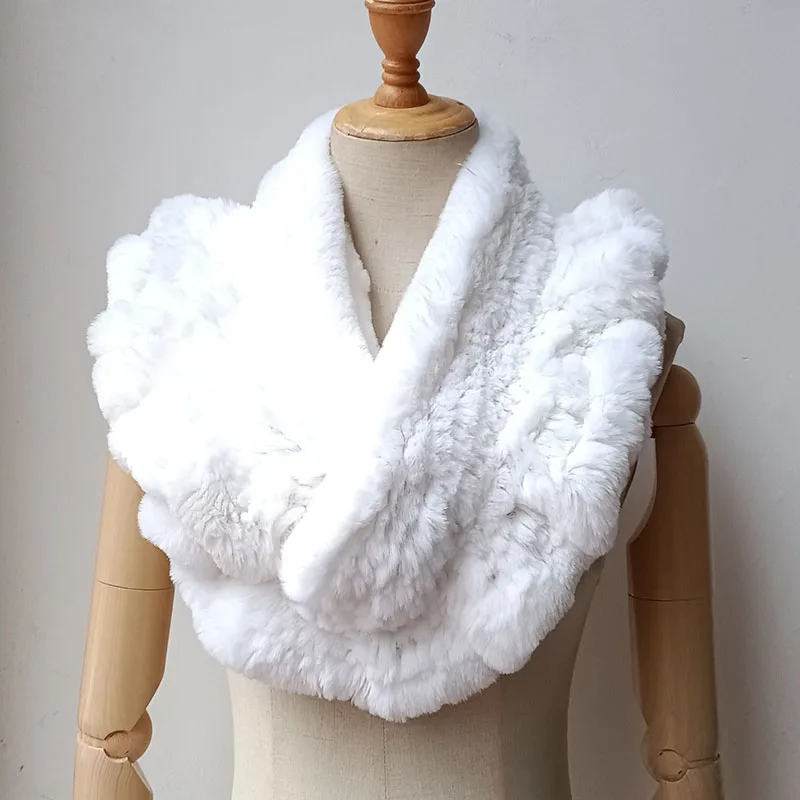 Women Winter Warm Long Knitted Rex Rabbit Fur Scarf Long Fashion White Genuine Fur Neck Warmer Female Natural Fur Round Scarves