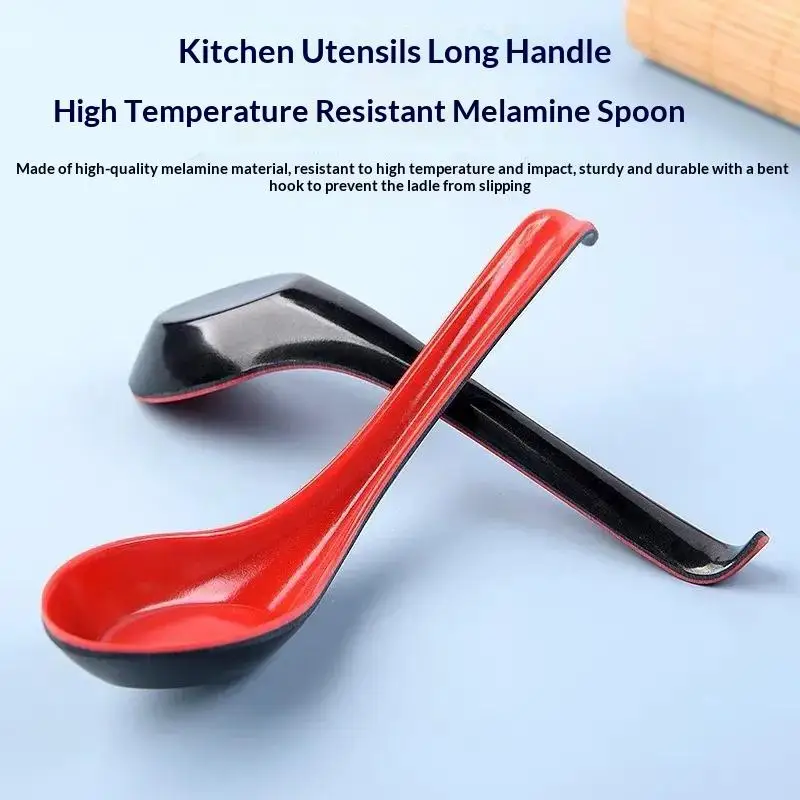 NEW 2pcs Japanese Style Melamine Red Black Soup Spoon Long Handle Simulated Ceramic Ramen Spoon Drop-resistant Heat-resistant