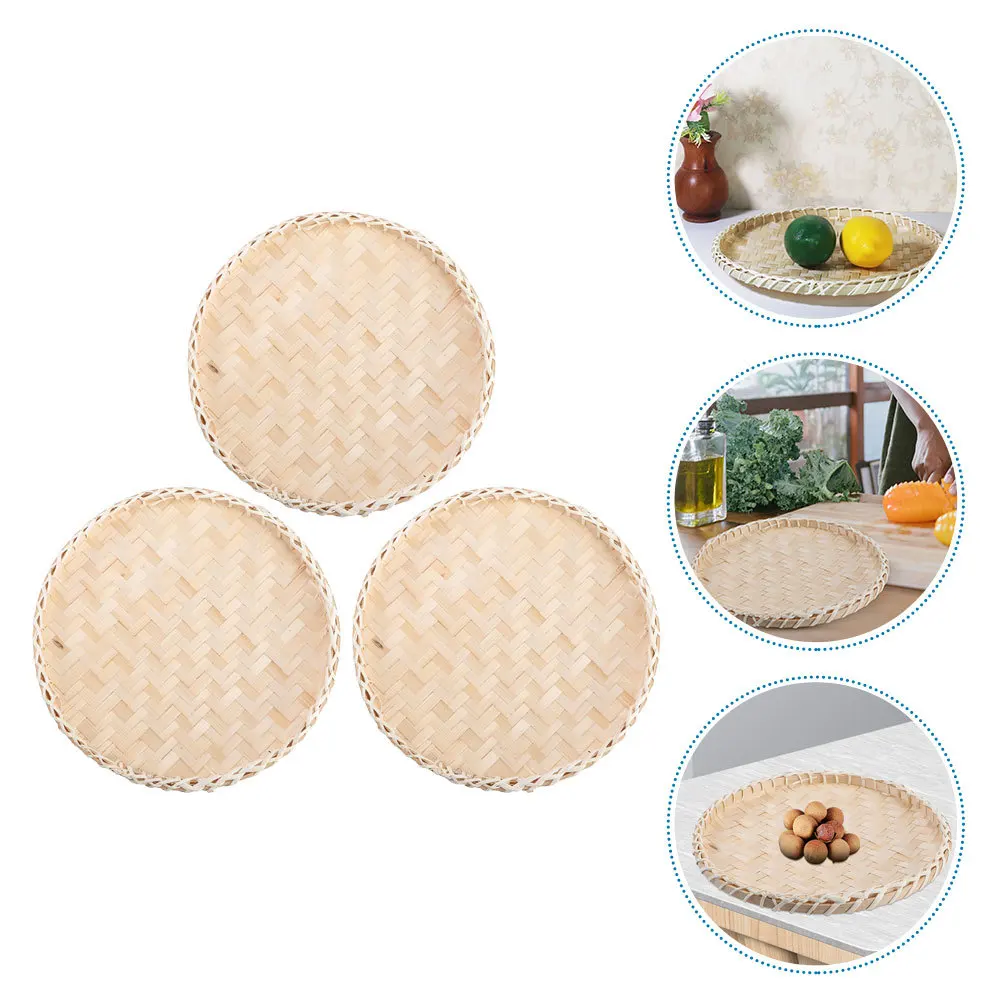 

3Pcs Bamboo Woven Basket Flat Round Food Storage Tray Fruit Organizer Candy Snack Tray Practical Bamboo Woven Basket