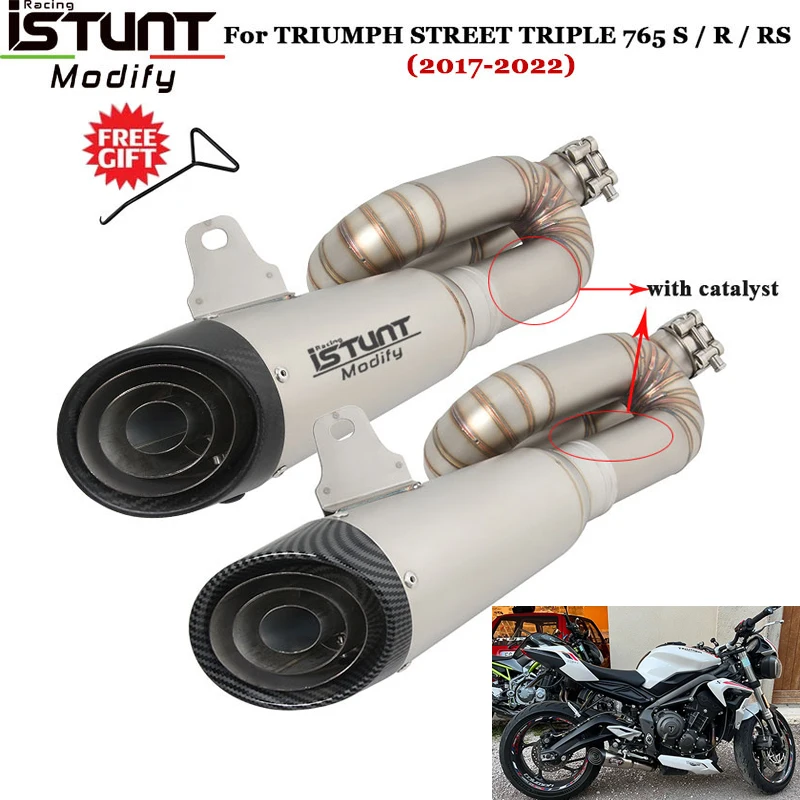 

For TRIUMPH STREET TRIPLE 765S/R/RS 2017-2022 Motorcycle Exhaust Escape Link Pipe Double Catalyst Carbon Fiber Muffler DB Killer