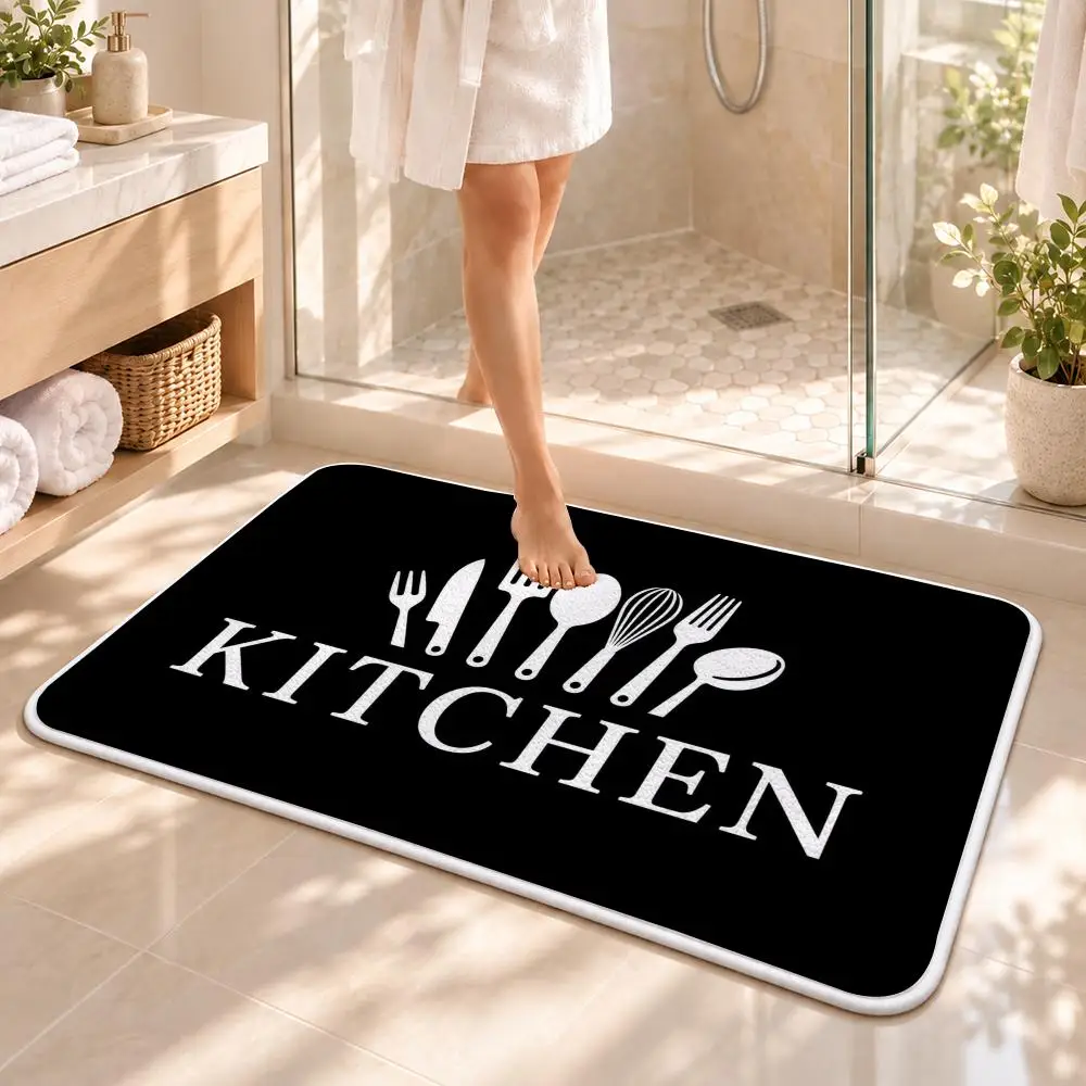 Kitchen Icons Floor Mat Flannel Rug Soft Non Slip Washable Door Mat for Bathroom Bedroom Kitchen Home Decor