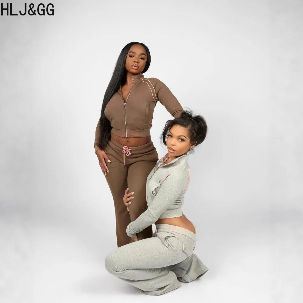 HLJ &GG Осенние повседневные однотонные спортивные комплекты из двух предметов, женский укороченный топ на молнии с длинными рукавами и брюки на шнурке, модные спортивные костюмы