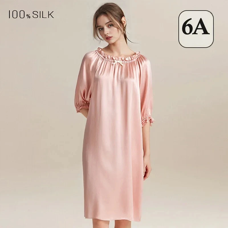 

Women Silk Nightdress 16 Momme 100% Mulberry Silk Loose Plus Size Bubble Sleeve Long Sleepwear Dress pijamas femininos de dormir