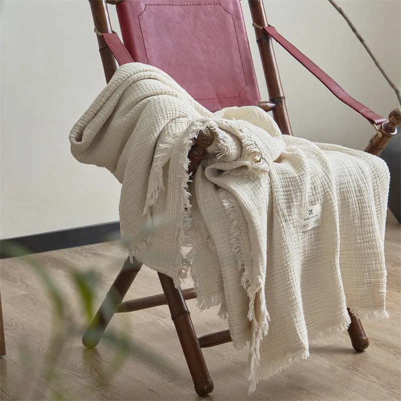 AIWINSURE-Simple Cotton Throw Blanket for Sofa Bed, Soft, Breathable, Vintage, Four-Layer Yarn, Tassel Blanket, 200x230