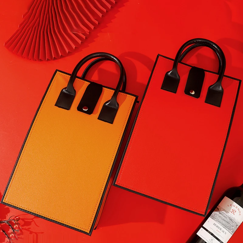 Luxury Red Wine Packing Bag Exquisite Portable PU Leather Handle Bag Double Bottle Red Wine Tote Bag Champagne Bag Gift Box