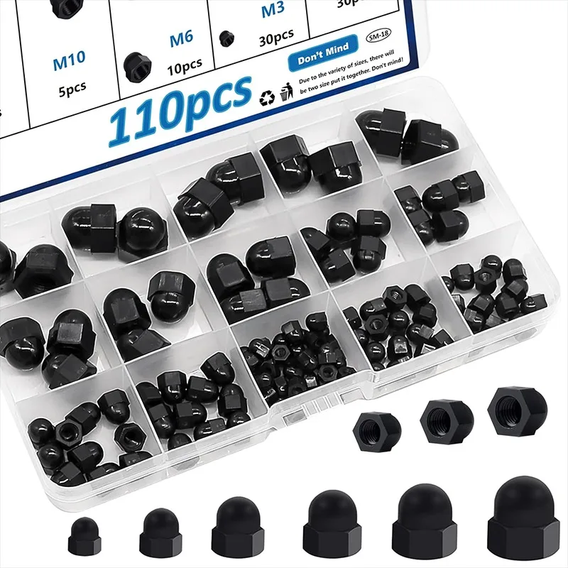 110Pcs Hex Acorn Cap Nuts Assortment Kit  Nylon Screw Covers M3/ M4/ M5/M6/M8/M10 Bolt Cover Caps for Protection Indoor Outdoor