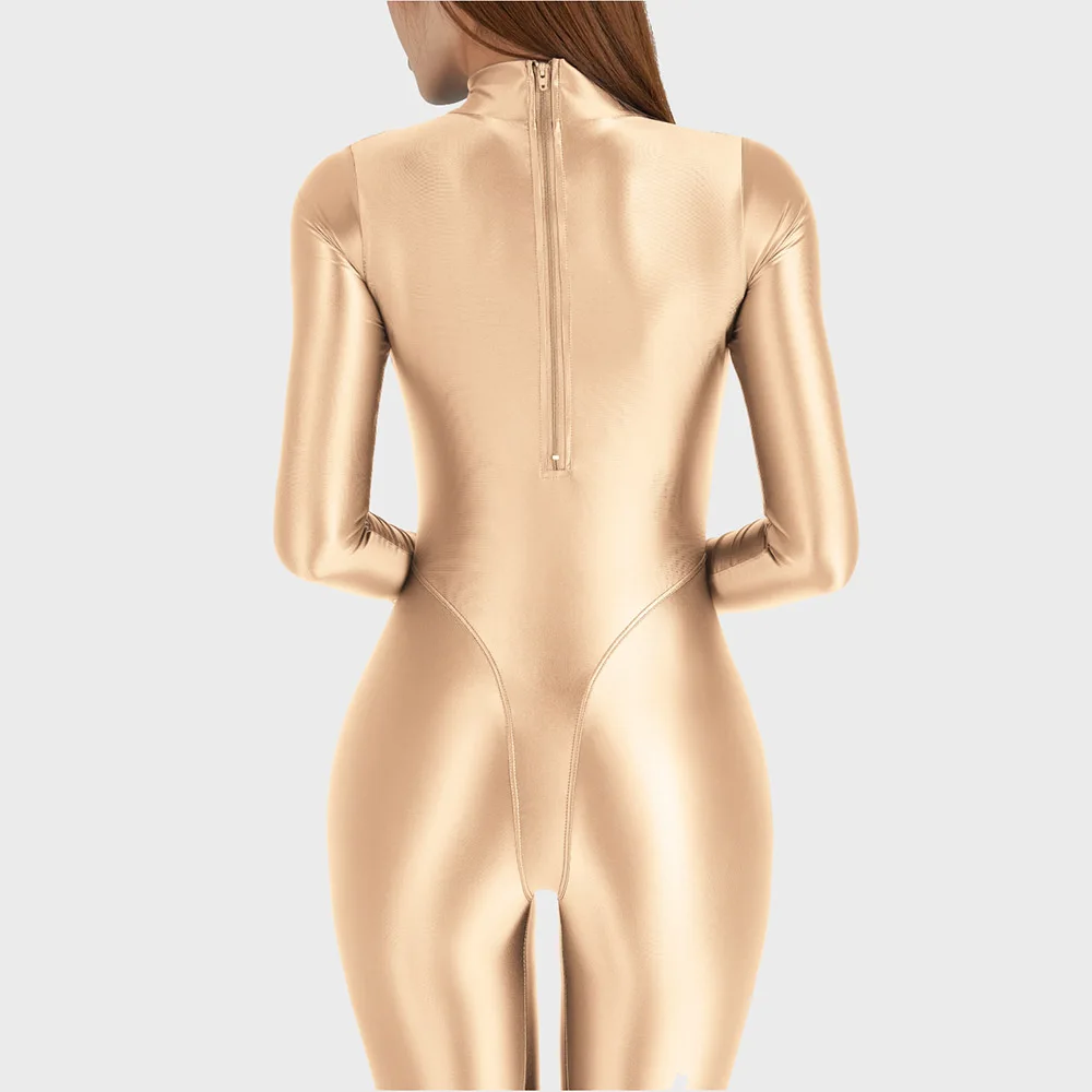 Zentai-Mono de satén brillante para mujer, traje Sexy de manga larga con cremallera trasera, Catsuits, Medias brillantes y lisas