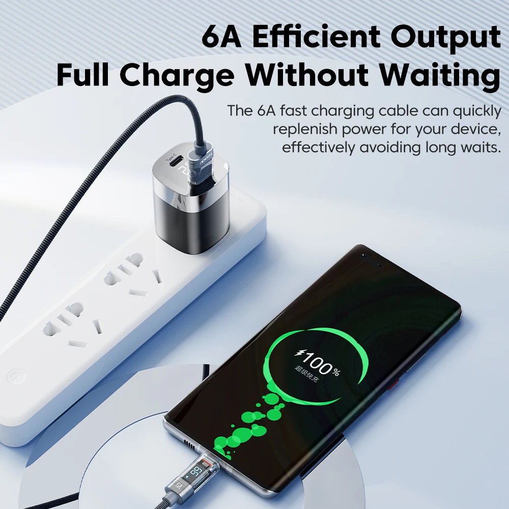 Toocki 6A Transparent USB Type-C Cable For Xiaomi 13 12 Realme 66W Fast Charging Display Cable Type C For Huawei Samsung Poco f3