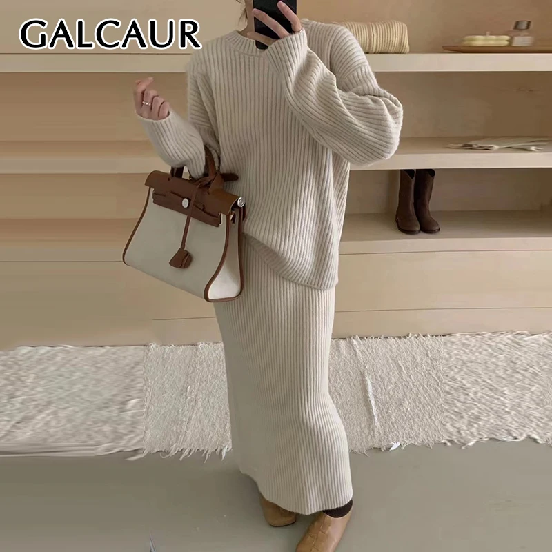 GALCAUR Knitted Two Piece Sets Women O Neck Long Sleeve Loose Top High Waist Straight Skirts Solid Casual Minimalism Suit Female