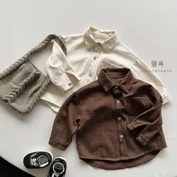 Children's Solid Colour Long Sleeve Lapel Shirt Vintage Soft Cotton Shirt Kids Blouses