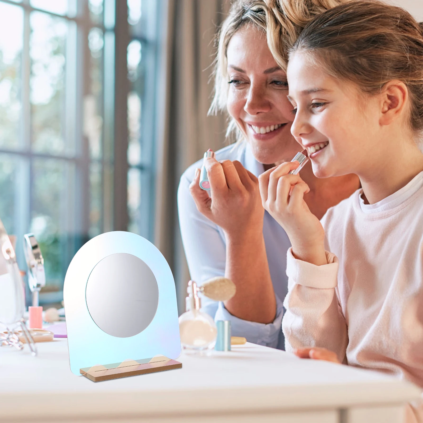 

Irregular Shaped Acrylic Wood Glass Makeup Mirror Tabletop Desk Bathroom Stylish Design Easy Maintenance Perfect Gift Women