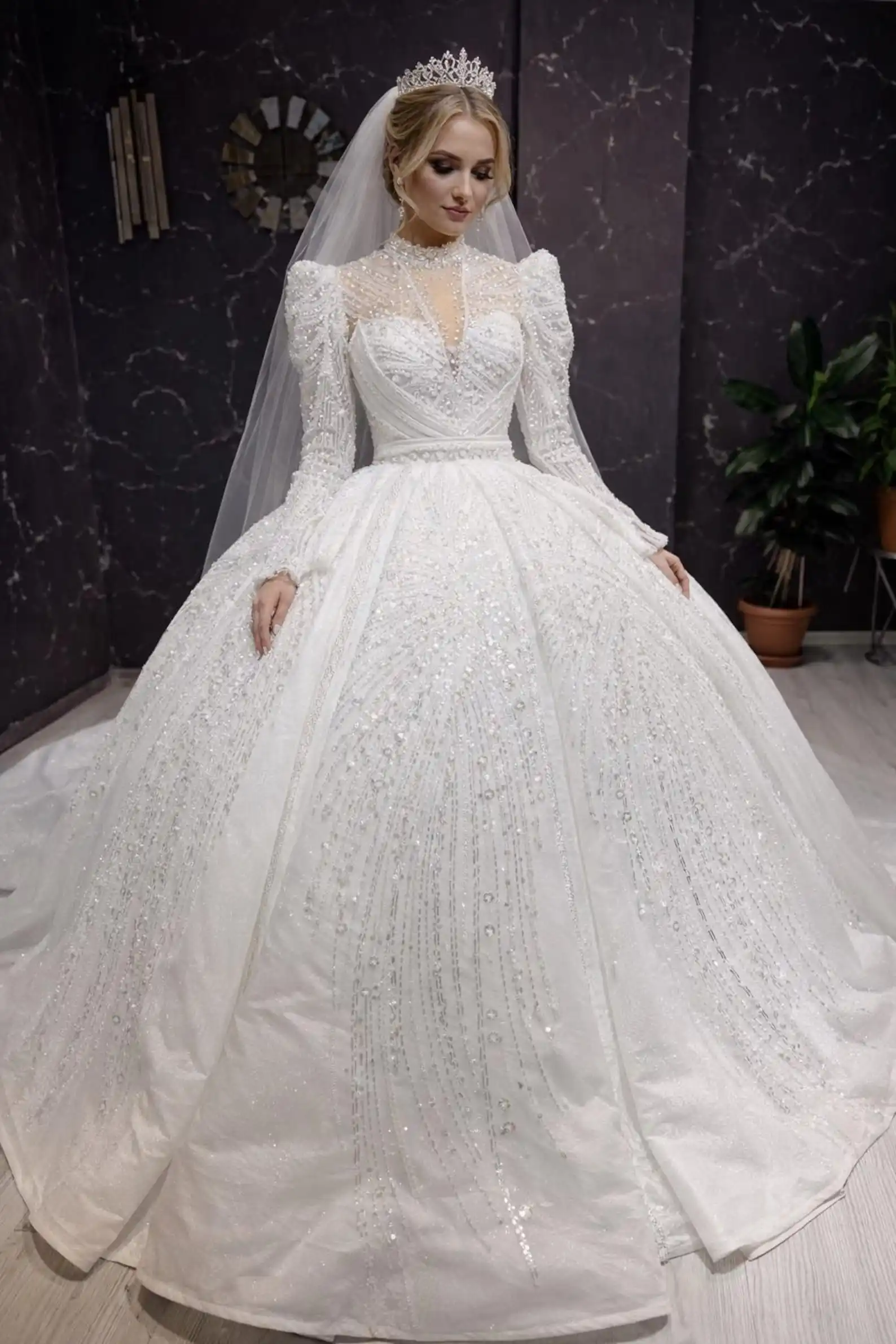 

Индивидуальное белое роскошное элегантное свадебное платье принцессы с высоким воротом, атласной вышивкой жемчугом и пайетками, бальное платье