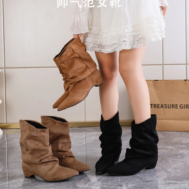 2026 New Pointy Temperament Sleeve Women's Pile Boots Spring Autumn Solid Color Flannel Retro Low-heeled Western Fashion Boots
