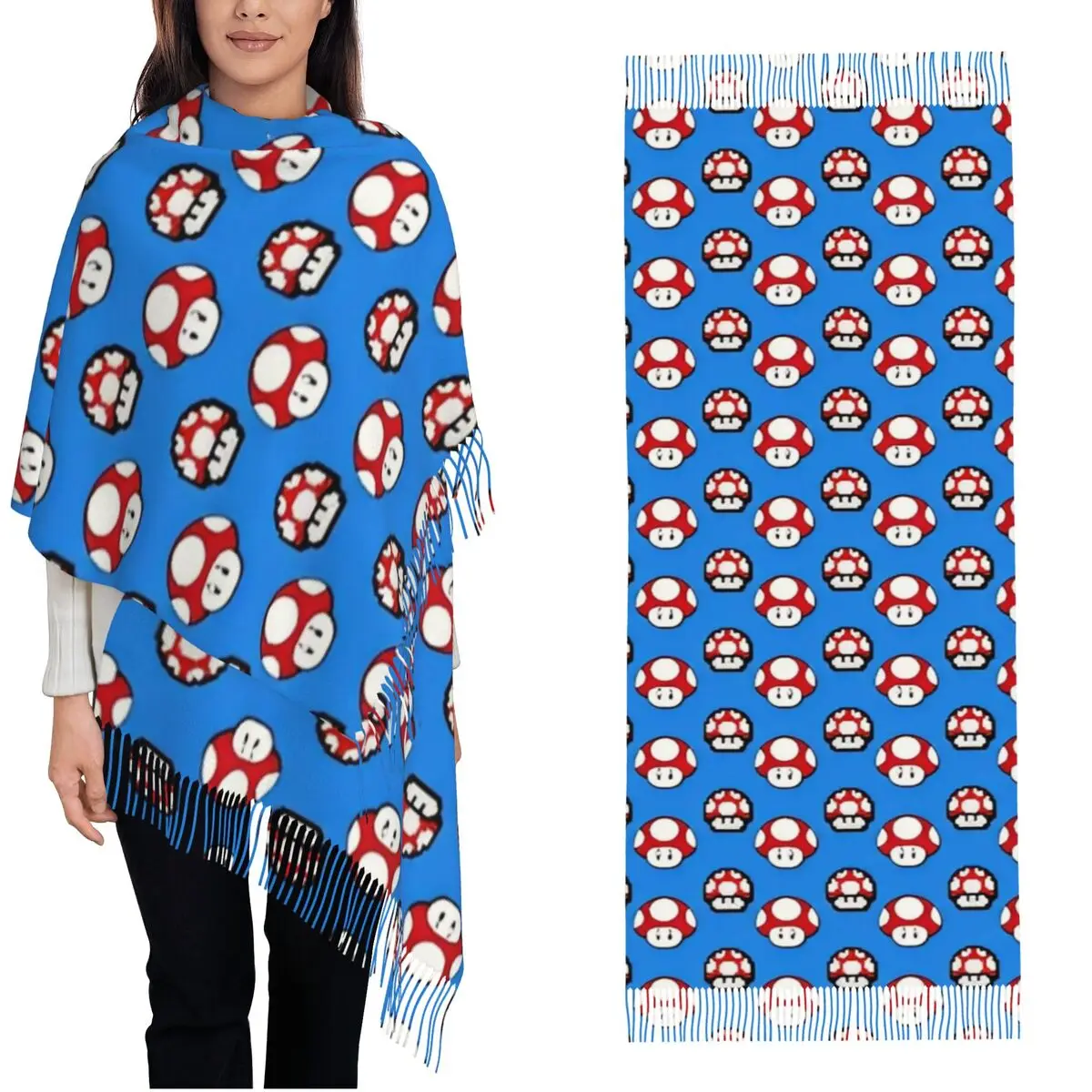 

Женский шарф с кисточками, игра Marios, большая зимне-осенняя шаль с героями мультфильмов, подарки, шарфы из пашмины