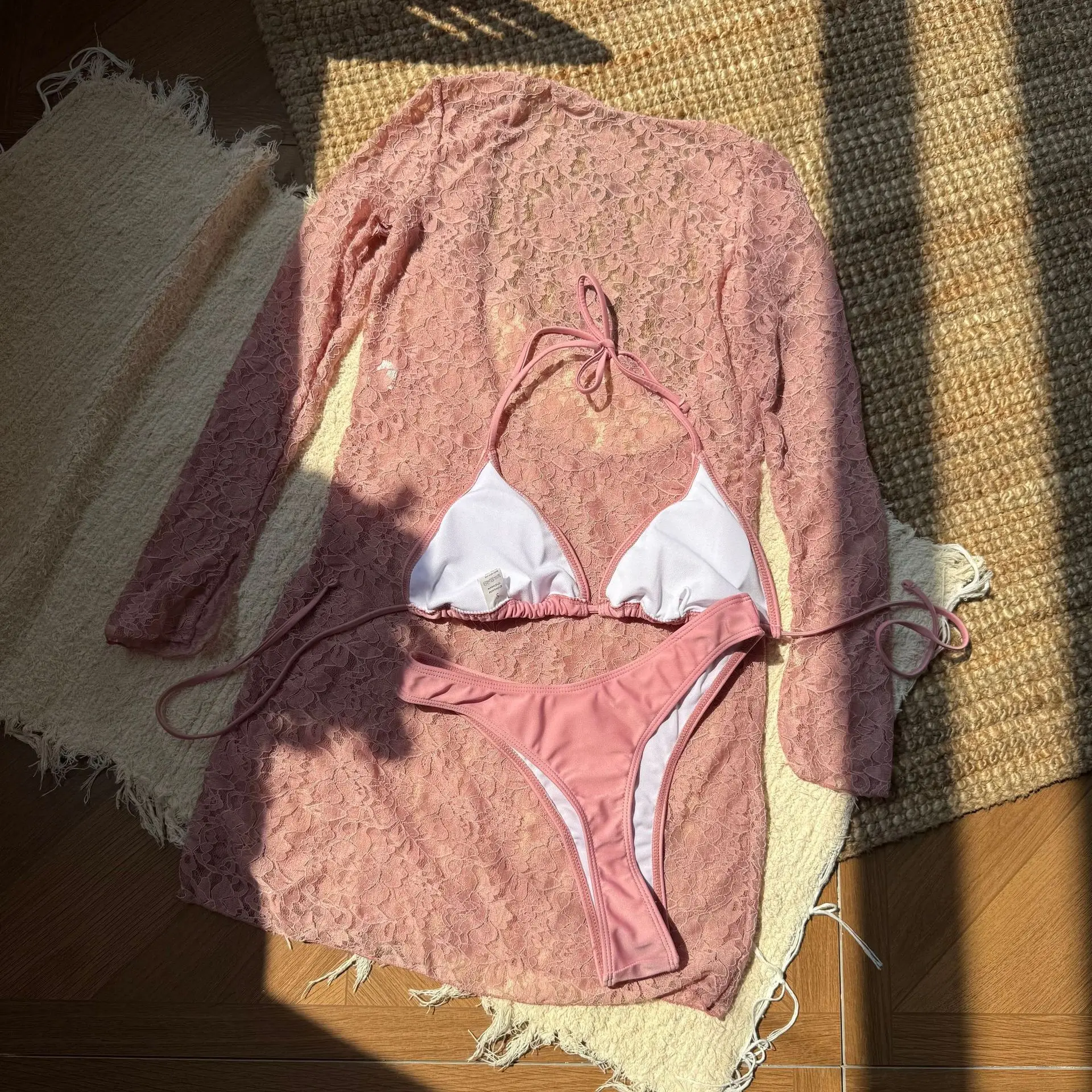 Seksowne, proste zestawy bikini, trzyczęściowe, z długim rękawem, koronkowe sukienki, prześwitujące stroje kąpielowe, kostiumy kąpielowe, stroje plażowe, tankini.