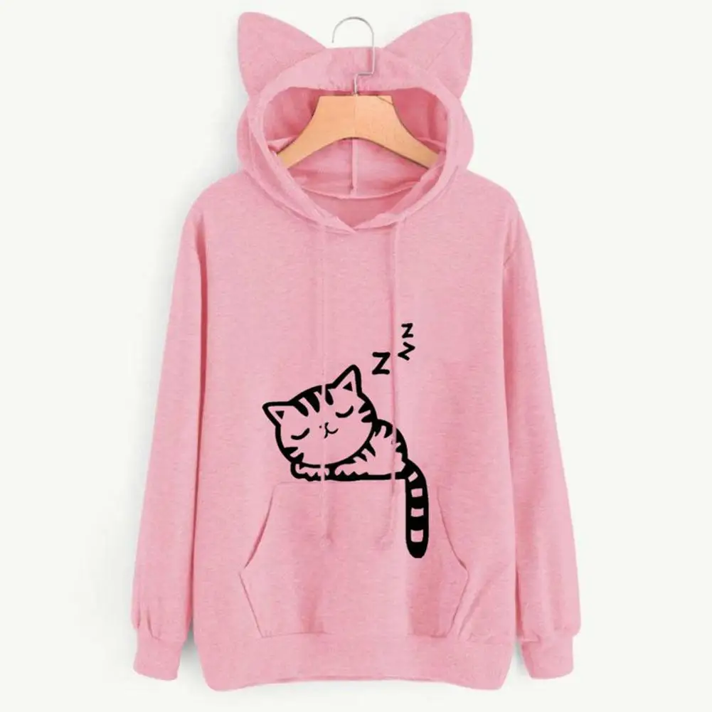 Cute Cat Print Hoodie Cute Cat Ear Hoodie with Big Pocket for Women Cozy Winter Pullover with Kitty Print Loose Fit for Home