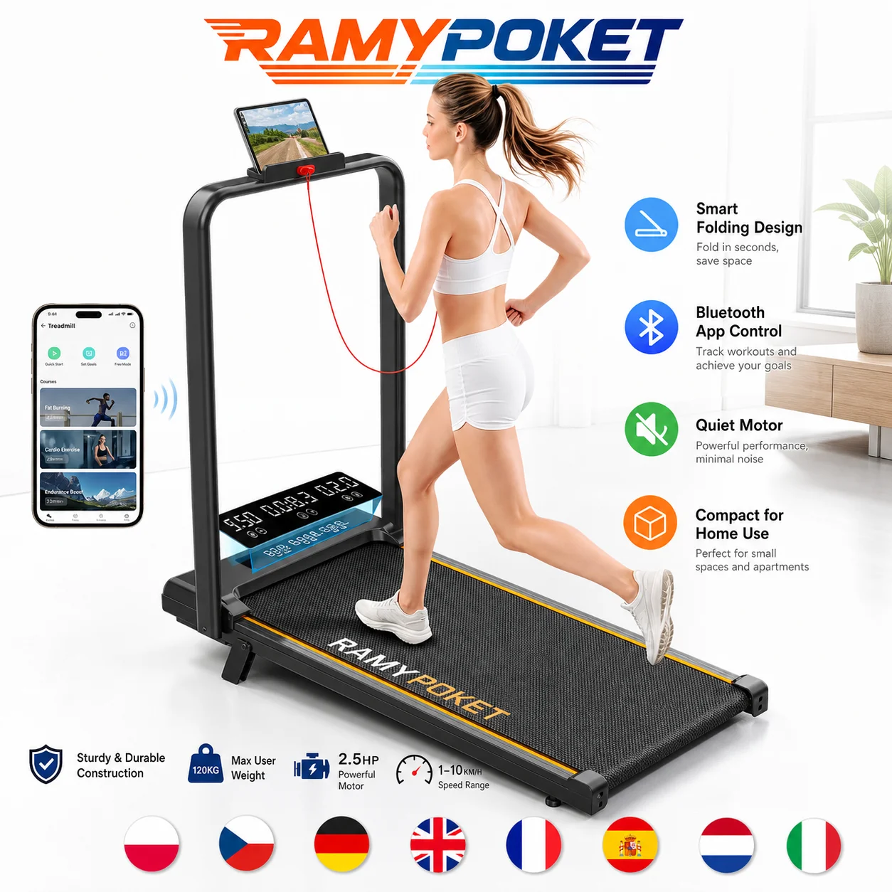 Tapis roulant électrique pour la maison, inclinaison de 9%, tapis de marche pliable, 1-10 km/h, avec LED et application, capacité de 150 kg, 2,5 HP