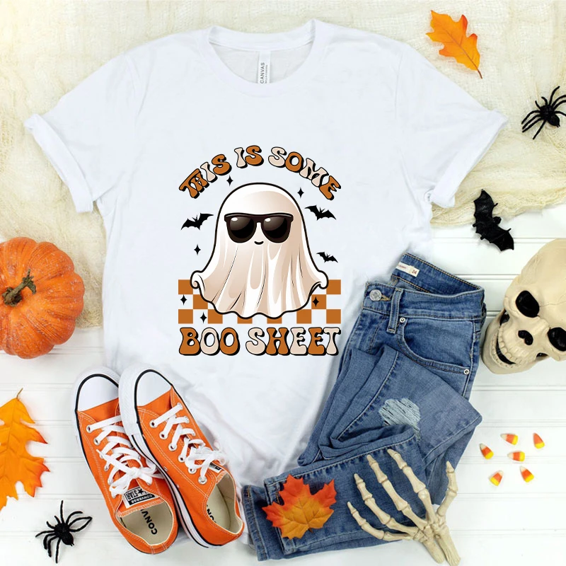 (Premium T-shirt)New Halloween This Is Some Boo Sheet Print T-Shirt Women Fashion Short Sleeve Casual Summer Tops Tees