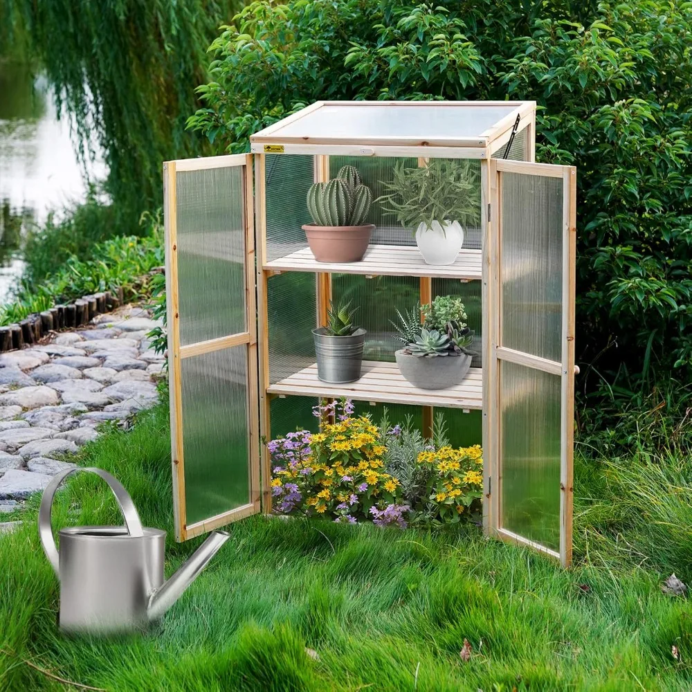 

Three-tiered Wooden Cooling Bed, Ventilated Greenhouse for Garden Nurseries, Portable Mini Greenhouse Cabinet