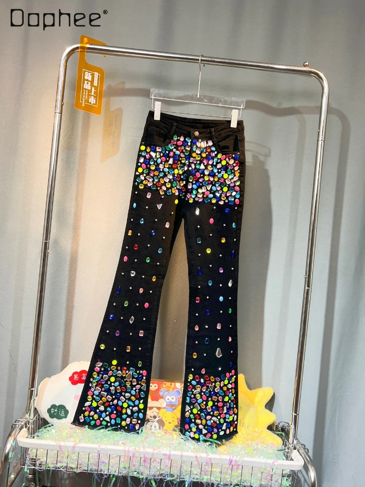 

Exquisite Rhinestone Beaded High Waisted Jans Boot-Cut Pants Female 2023 Autumn and Winter New Elastic Slim Jeans for Women
