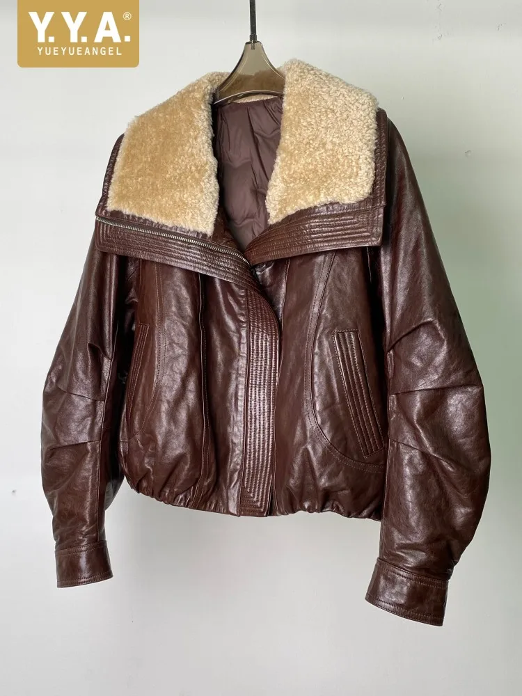 Winter Goose Fleece Women Down Jacket Luxury Real Sheep Fur Collar Outerwear Cold-proof Warm Sheepskin Coat Zippers Party Coats