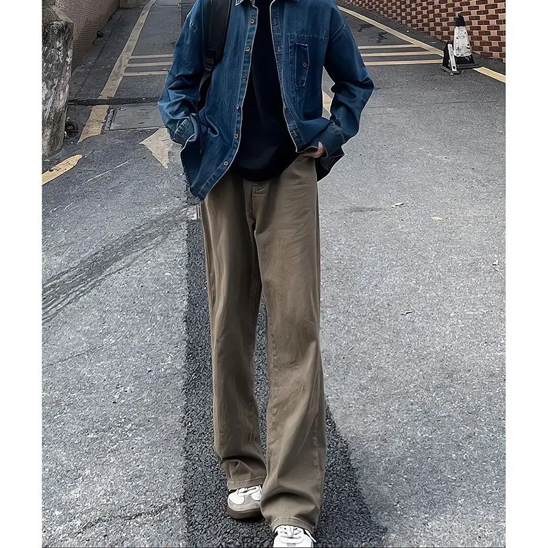 

Brown Pants Straight Leg Casual Long Trousers Unisex Summer Campus Style American Retro Cotton Polyester Blend High Waist