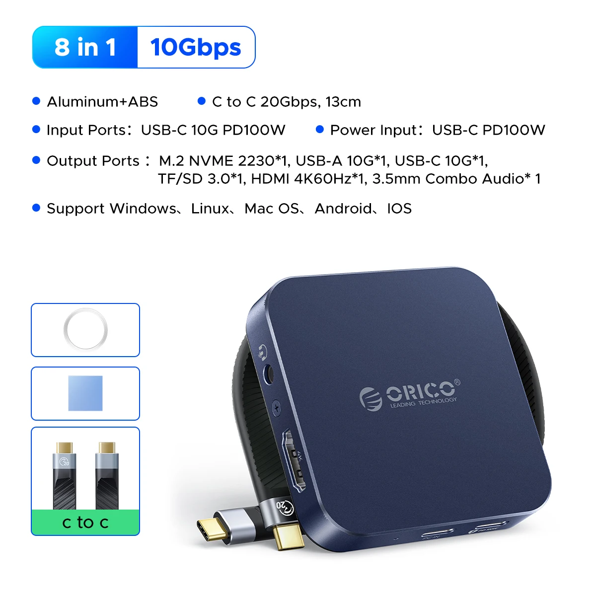 ORICO Magnetische M.2 2230 NVMe SSD-behuizing 10 Gbps USB C-dockingstation met 4K60 Hz HDMI-COM SD/TF PD 100 W oplader voor iPhone 17