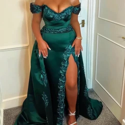 Luxury Evening Dress Emerald Green Satin Off the Shoulder Elegant Evening Gowns Applique Side Split Column Formal Party Dresses