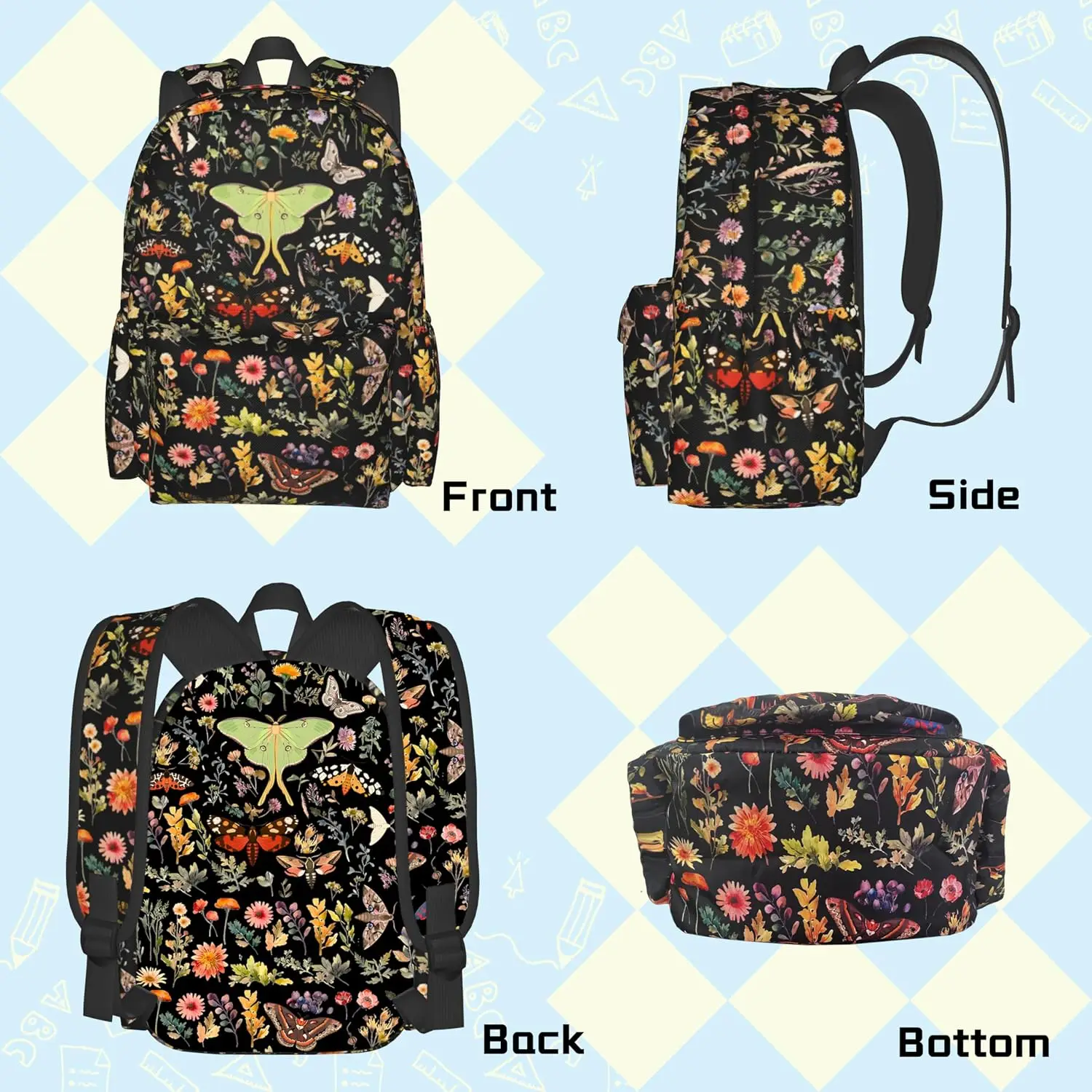 Butterflies Moths Flower Backpack School Bag Lightweight Bookbag Casual Daypack for Girls Boys Kids Women Men Travel Laptop