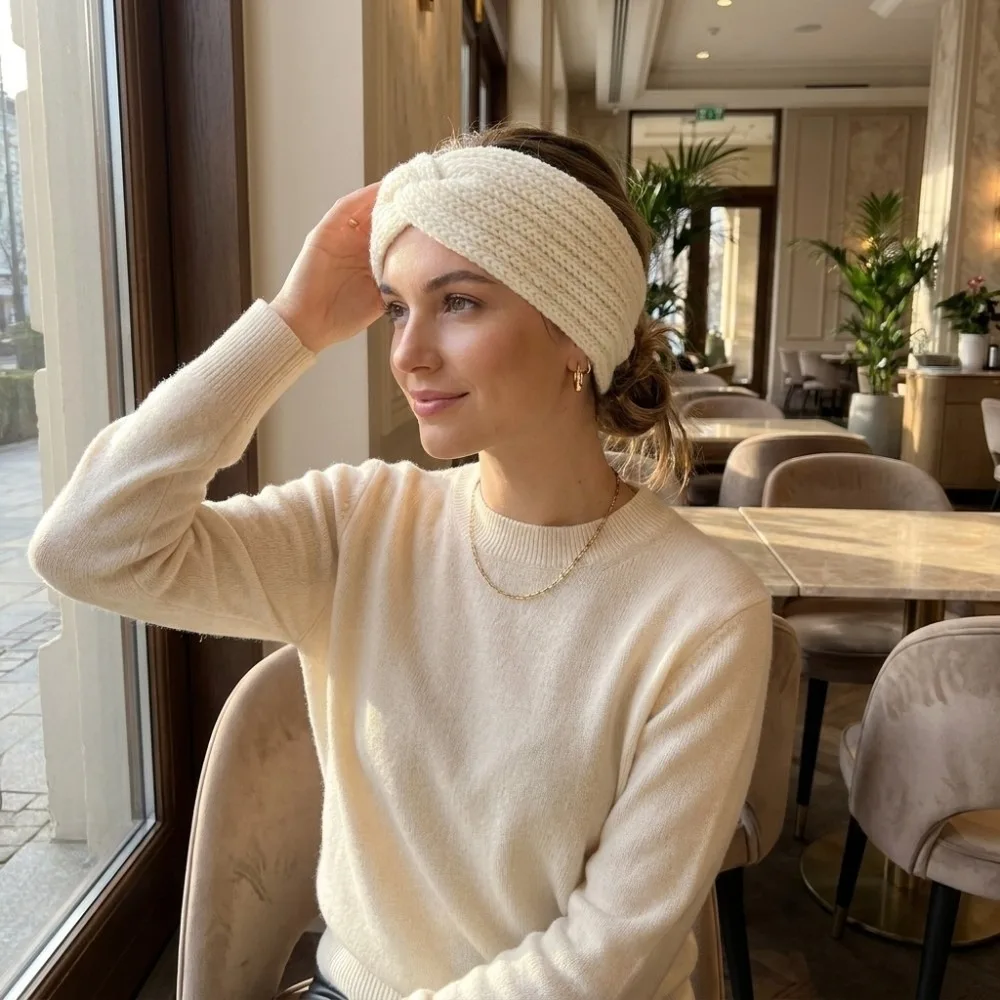 4Pcs Solid Color Knitted Hairband Set Soft Stretchy Cold Proof Crochet Head Wraps Polyester Elastic Wide Cross Knot Headbands