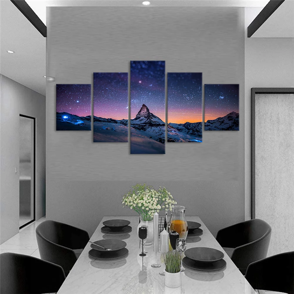 5 Piece Starry Night Sky Wall Art Picture Purple Star Skyline Over The Mountain Painting Landscape Artwork For Modern Home Decor