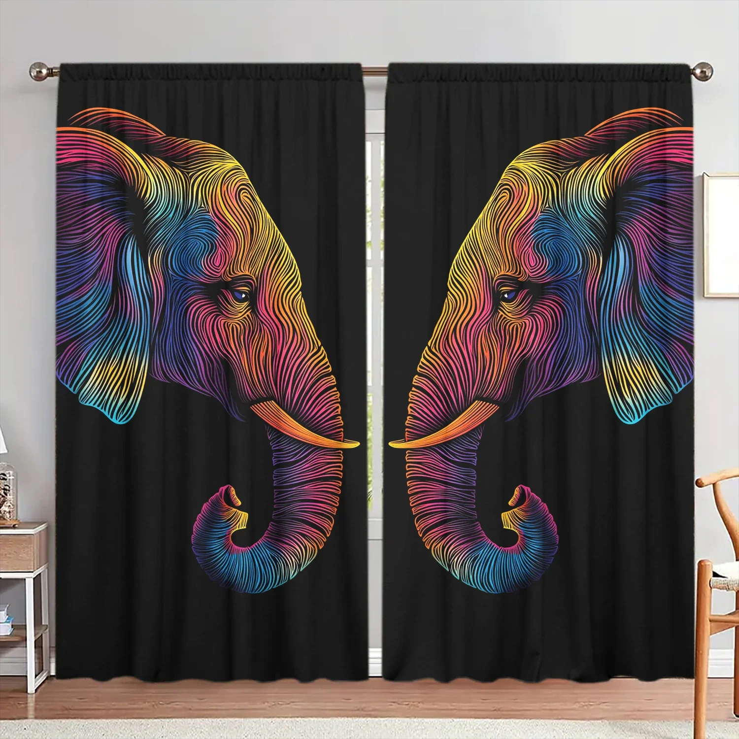

2 шт. блестящая цветная занавеска с принтом слона для домашнего декора-карман стержневым карманом для обработки окон для спальни, офиса, кухни