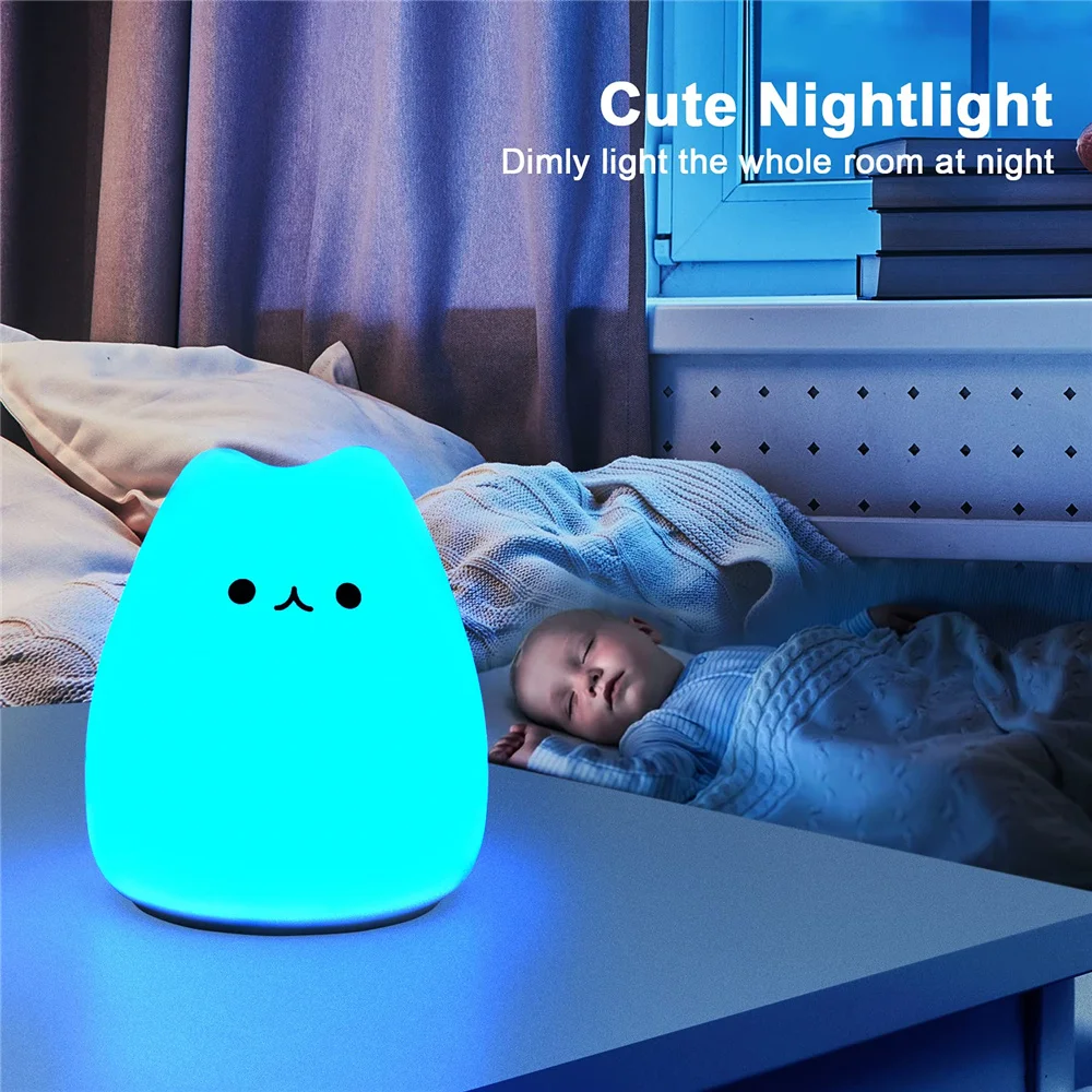 Girls Bedroom Kitty Night Light Cute Cat Lamp Birthday Gift Kids Baby Toddler Teen Silicone Kawaii Nightlight Nursery Room Decor