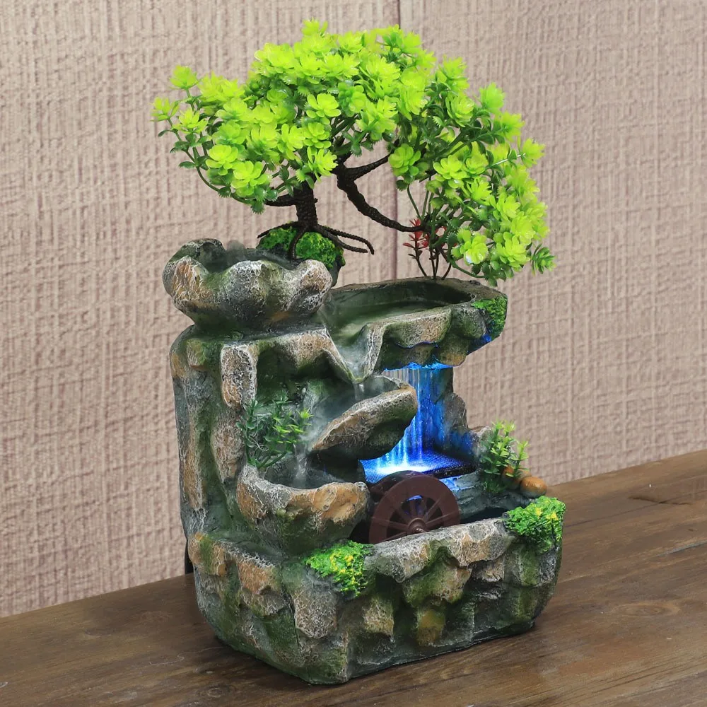 A93E-Indoor Desktop Feng Shui Rockery Fountain Decor Living Room Flowing Water Waterfall Ornament With 7-Color Light US Plug