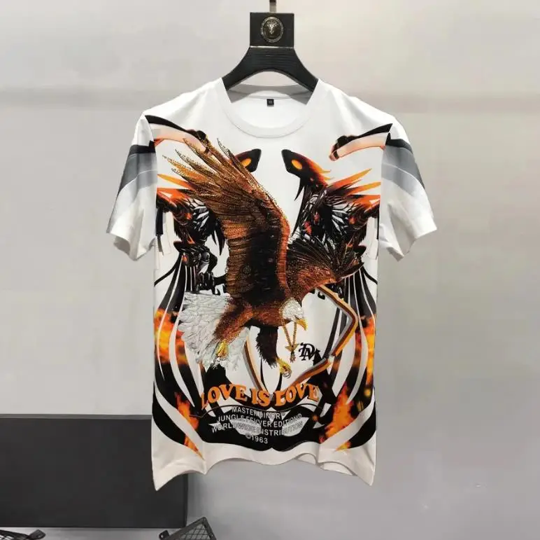 European and American men's wear summer 2024 new Short sleeve round collar imperial eagle hot diamond print Fashion T-shirt