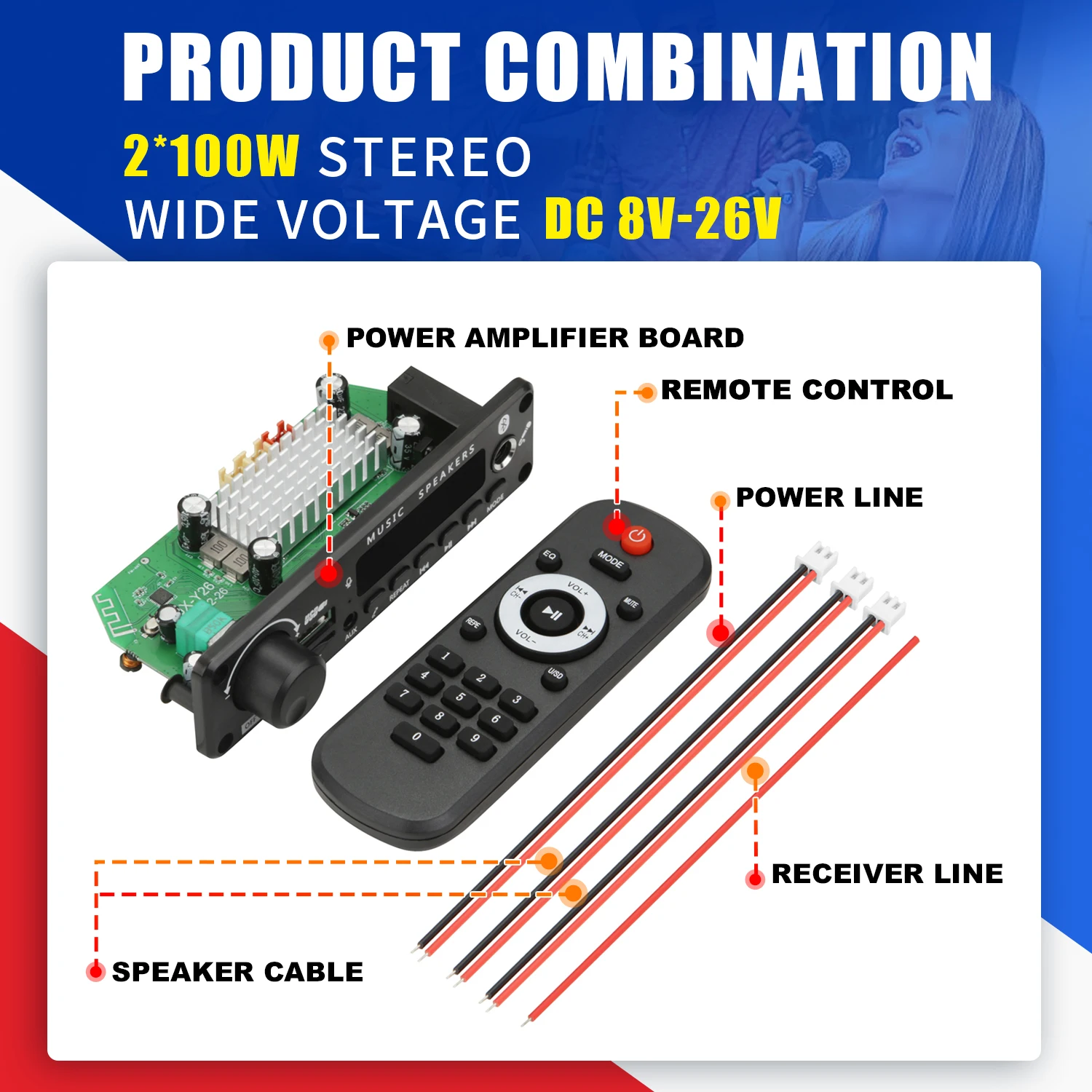 20PCS  200W Amplifier Bluetooth DIY MP3 WAV Decoder Board DC 12V 100W Wireless Car USB MP3 Player TF Card Slot USB FM with Mic