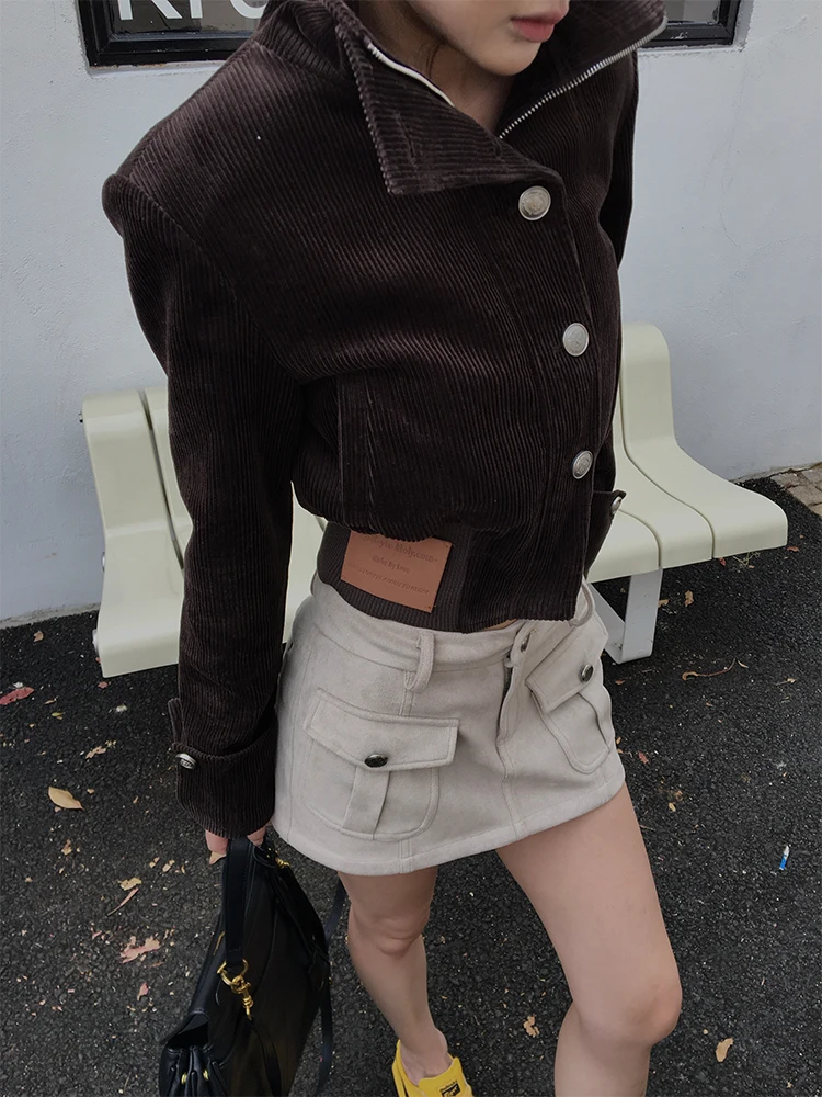 

HYTEMOLY винтажный вельветовый тюнер свободного покроя с широкими плечами и воротником-стойкой на талии, верхняя одежда, женская повседневная одежда