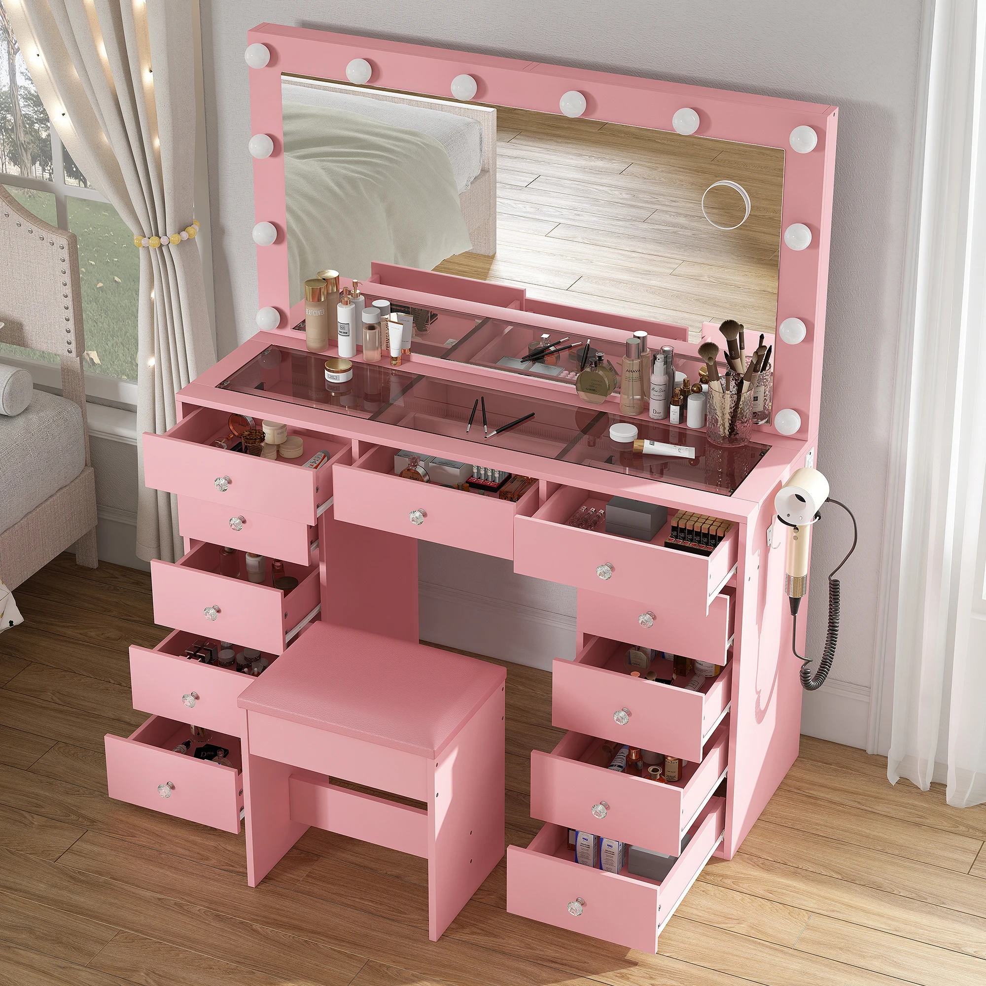 Extra Wide Makeup Vanity Table Set, LED Vanity Mirror with 3 Adjustable Brightness, Large Multiple Drawers & Storage Shelves, Scratch-Resistant Tempered Glass Desktop with USB Charging Station